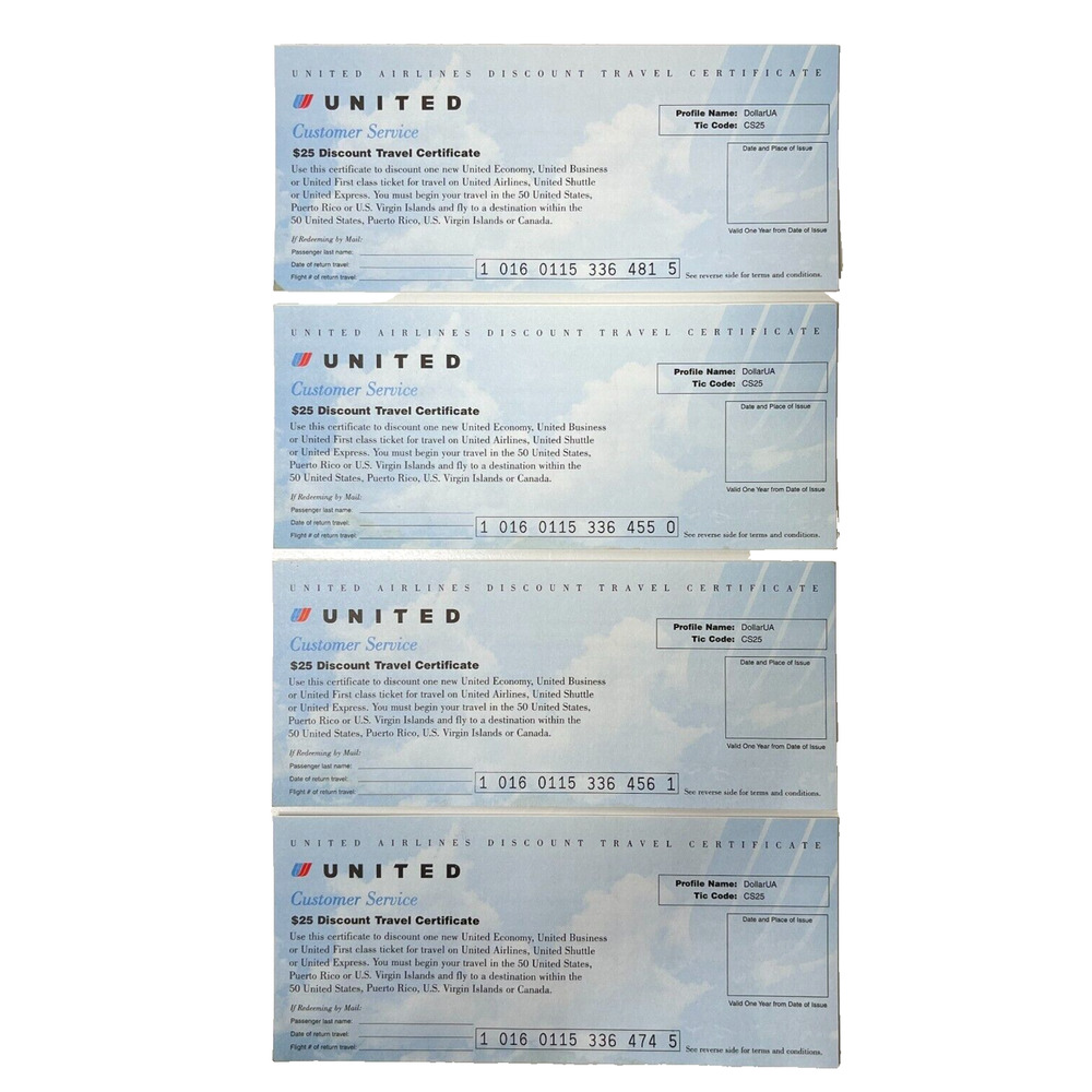 4 PCS United Airlines Discount Travel Cert. NO Value NOT Redeemable Unused VTG